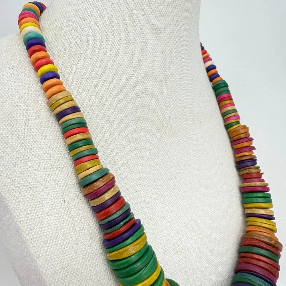 Multicolor Chunky Wood Disc‎ Bead Statement Necklace Rainbow Boho Adjustable